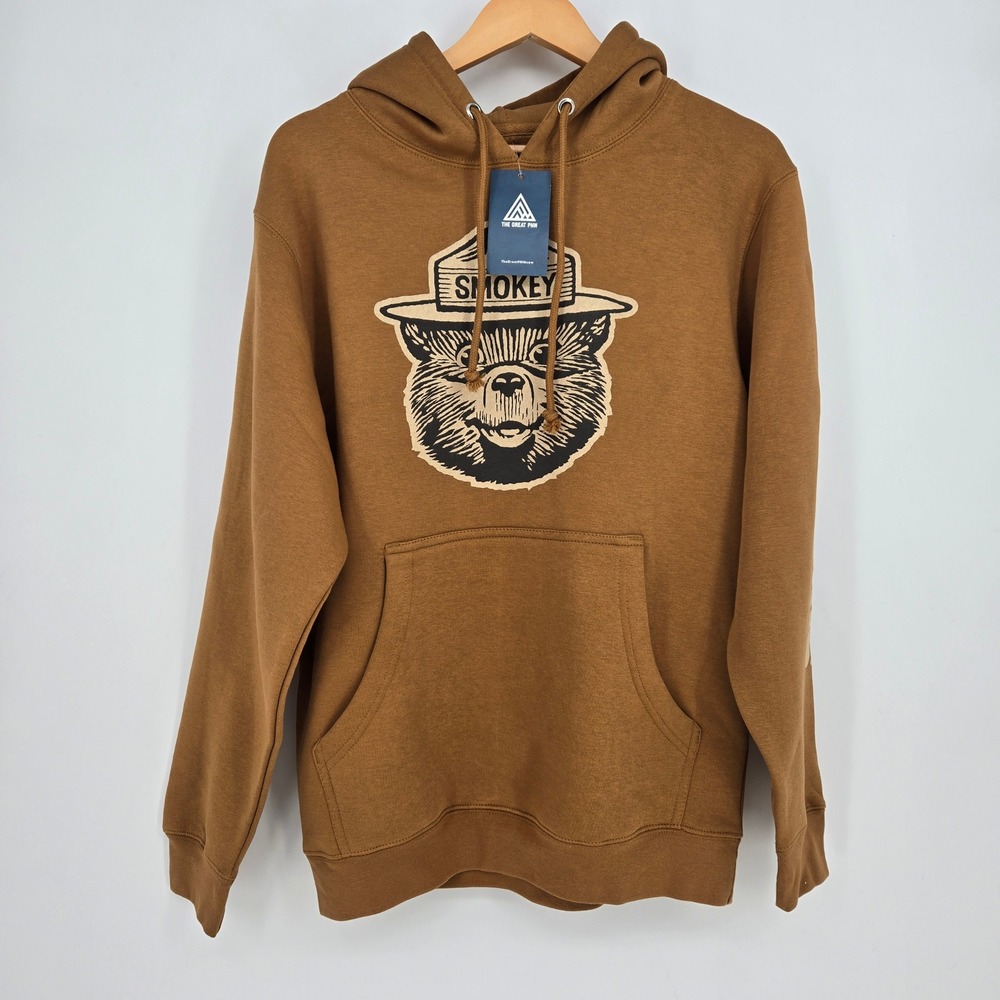 NWT Great PNW Smokey Bear Hoodie Sweatshirt Mens S Brown Graphic Fleece Retro